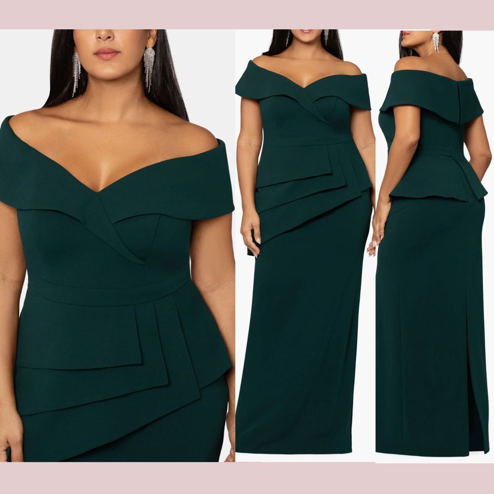 NWT $278 XSCAPE [ PLUS 14W ] Off the Shoulder Scuba Crepe Column Gown Pine Green